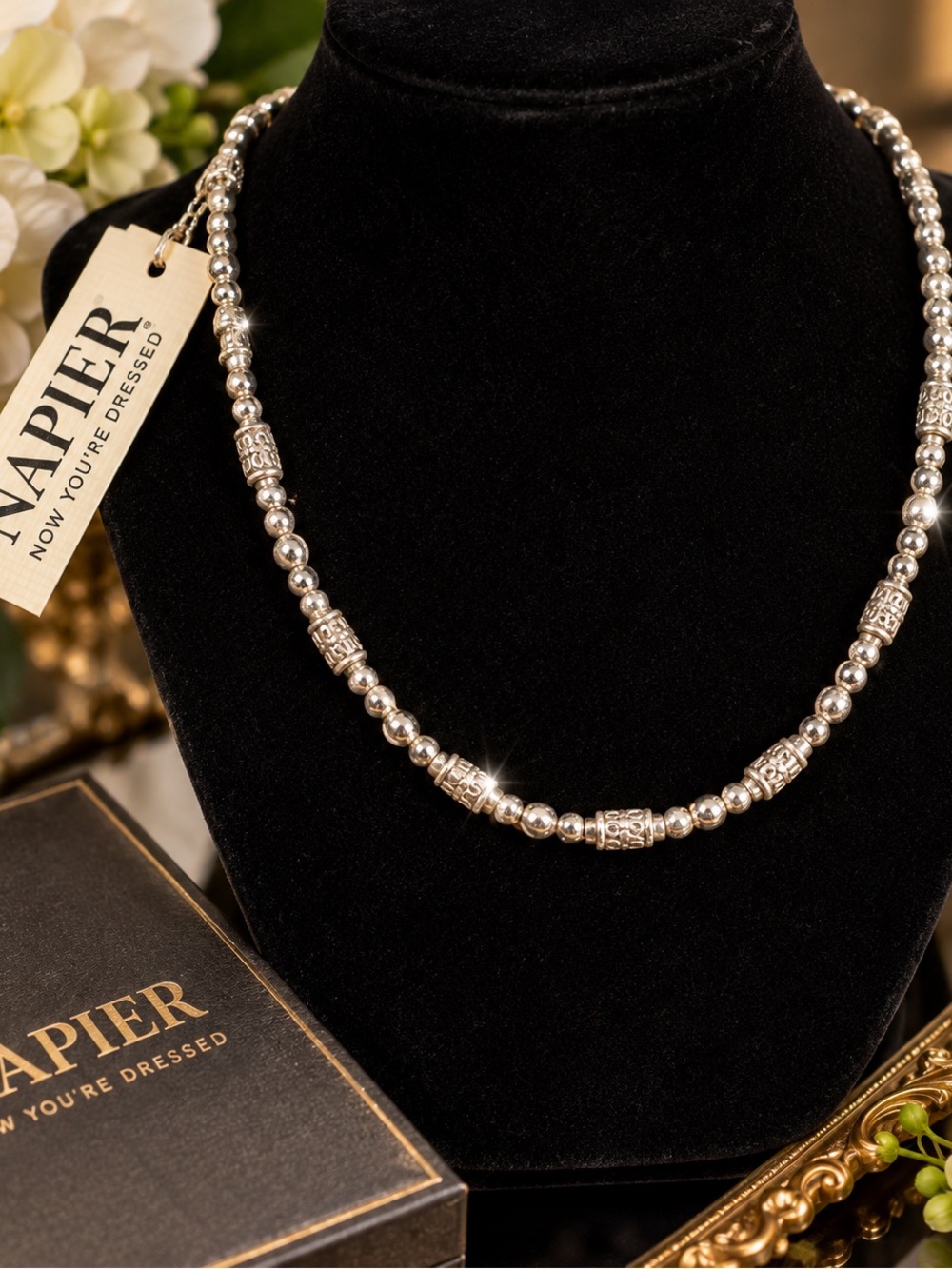 Vintage NAPIER Necklace Original Tag “Now You’re Dressed” Silver-Tone Beaded